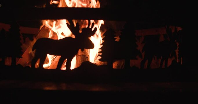slow motion side view of fire pit and moose.
