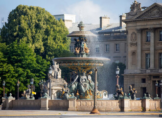 The fountain of the rivers of the Place of Concorde in Paris, one of the oldest and most historic squares in France, is located next to the ancient Egyptian obelisk that attracts millions of travelers