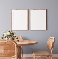 Frame mockup in Scandinavian wooden dining room, minimal bright design on beige interior background, 3d render 