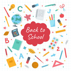 Back to school. A postcard, a banner with school supplies on the background of a sheet of a notebook in a cage. Cute colorful flat cartoon vector illustration.