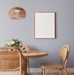 Frame mockup in Scandinavian wooden dining room, minimal bright design on beige interior background, 3d render 