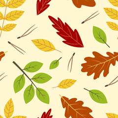 Fototapeta premium Pattern Autumn Forest in flat style. Oak leaves, rowan, and fir needles on a yellow background.