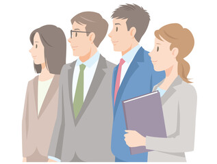 Young business people on white background. Successful men and women in suits standing with smile. Flat vector illustration isolated.