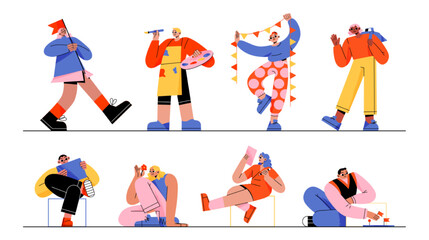 Mbti concept, people with different mindset types. Male and female characters with creative, imaginative, logical, structural, analytical thinking, Mind behavior mental models Line art flat vector set