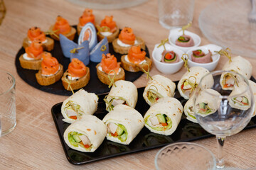 Catering service. Restaurant table with food at event. Shallow depth of view