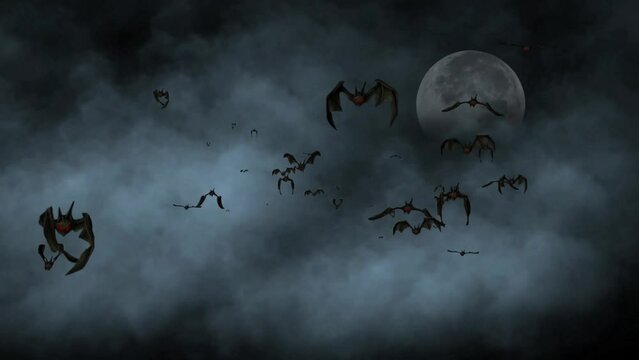 Flying bats motion graphics with fog and moon background