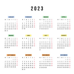 Spanish calendar 2023 year. Vector stationery calendar week starts Monday. Yearly organizer. Simple calendar template in minimal design. Business illustration.