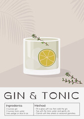 Gin Tonic Cocktail garnished with slice of lime and rosemary twigs. Summer aperitif trendy poster. Minimalist print with alcoholic beverage on background with palm shadow. Vector flat illustration. - obrazy, fototapety, plakaty