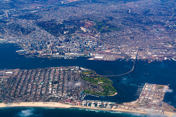 Aerial view of Coronado Bridge and San Diego downtown and Balboa Park