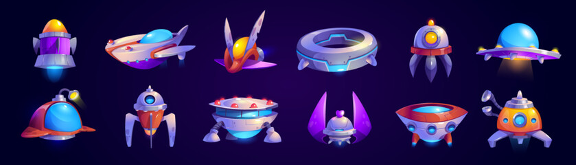 Alien spaceship game icons vector set. Funny rockets, ufo shuttles cartoon collection illustrations isolated on white background. Fantasy cosmic objects, computer game graphic design elements © klyaksun