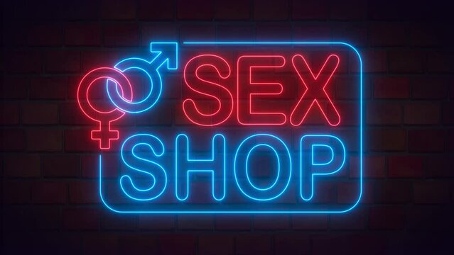 Sex shop neon sign brick wall background. Retro vintage store banner. Bright light electric lamp illuminated glowing decoration. Flashing advertisement.