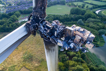 Fire damaged green energy industrial wind turbine , Croda Chemicals. Kingston upon Hull 