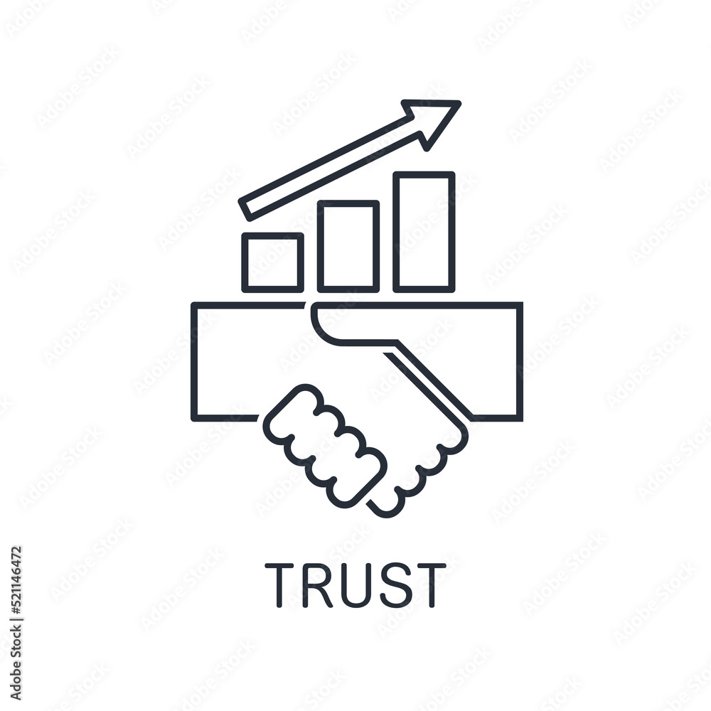 Poster handshake and graph up. the growth of trust. vector linear icon isolated on white background.