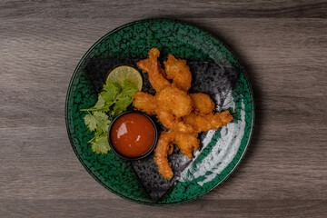 Battered Prawns with Copy Space Chili Sauce