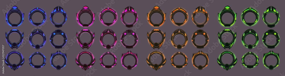 Poster game avatar frames in futuristic style. vector cartoon set of game ui elements, empty circle frames 