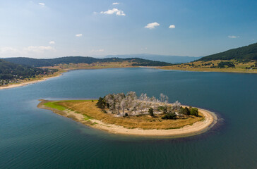 Aerial panoramic view of Island on a Batak Reservoir located in Bulgaria, Rhodopa Mountains