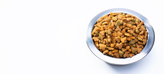 Balanced nutrition for cats and dogs, bowl with dry food for pets