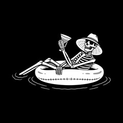 SIPPING ON BOOZE SKELETON FLOATS ON AN INFLATABLE RING WHITE BLACK BACKGROUND