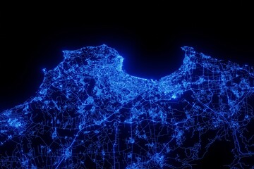 Street map of Algiers (Algeria) made with blue illumination and glow effect. Top view on roads network - obrazy, fototapety, plakaty