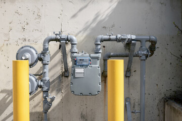 Natural gas line meter for residential multi-dwelling building or home. Outdoor meter measuring and...