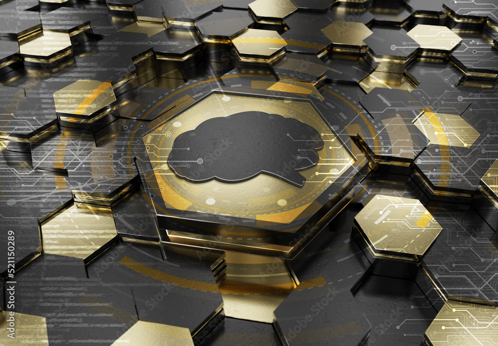 Poster brain icon concept engraved on gold hexagonal pedestral background. artificial intelligence symbol g
