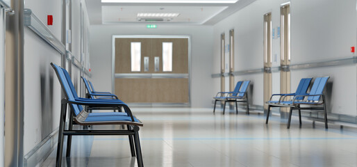 Long white hospital corridor with rooms and seats 3D rendering. Empty accident and emergency interior with bright lights lighting the hall from the ceiling