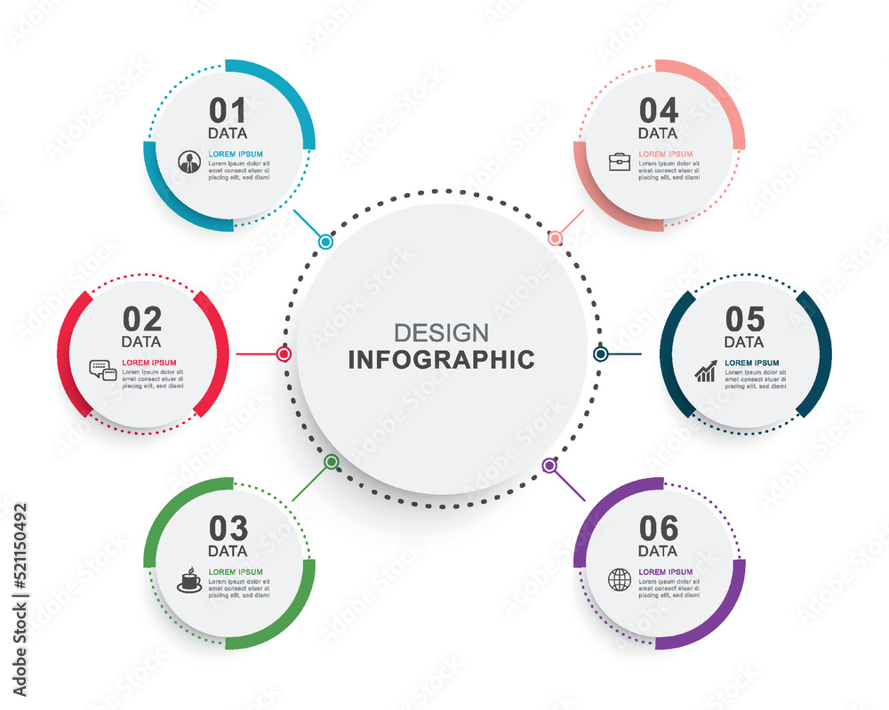 Aufkleber infographics circle timeline with 6 number data template. vector illustration abstract background.