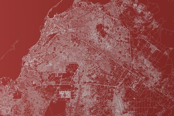 Map of the streets of Luanda (Angola) made with white lines on red background. Top view. 3d render, illustration