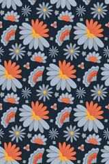 Naklejka na ściany i meble Vector seamless pattern with blue groovy flowers on dark blue background. Nature retro floral texture for fabric and wallpaper. Hippie mood.