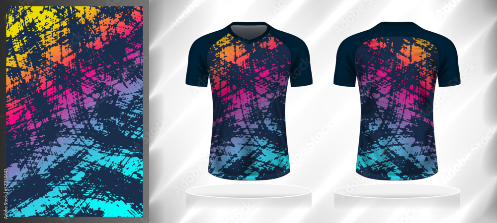 Wall mural Vector sport pattern design template for V-neck T-shirt front and back with short sleeve view mockup. Dark and light shades of blue with pink-yellow color gradient abstract grunge texture background. - Wall murals