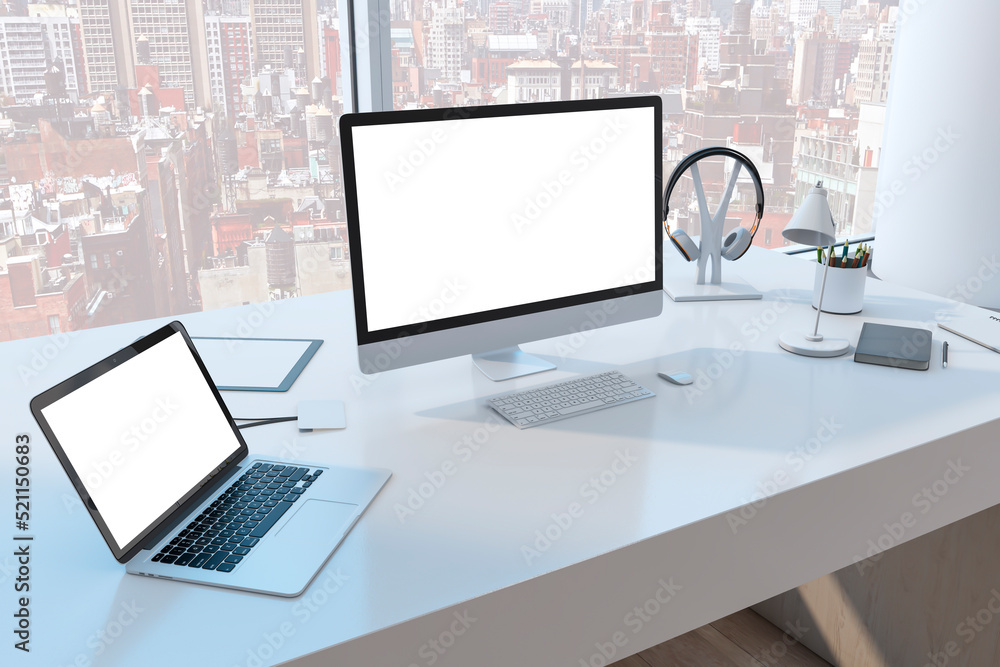 Aufkleber Close up of creative desktop with empty white mock up computer monitor laptop and supplies in modern office with window and panoramic city view. 3D Rendering.