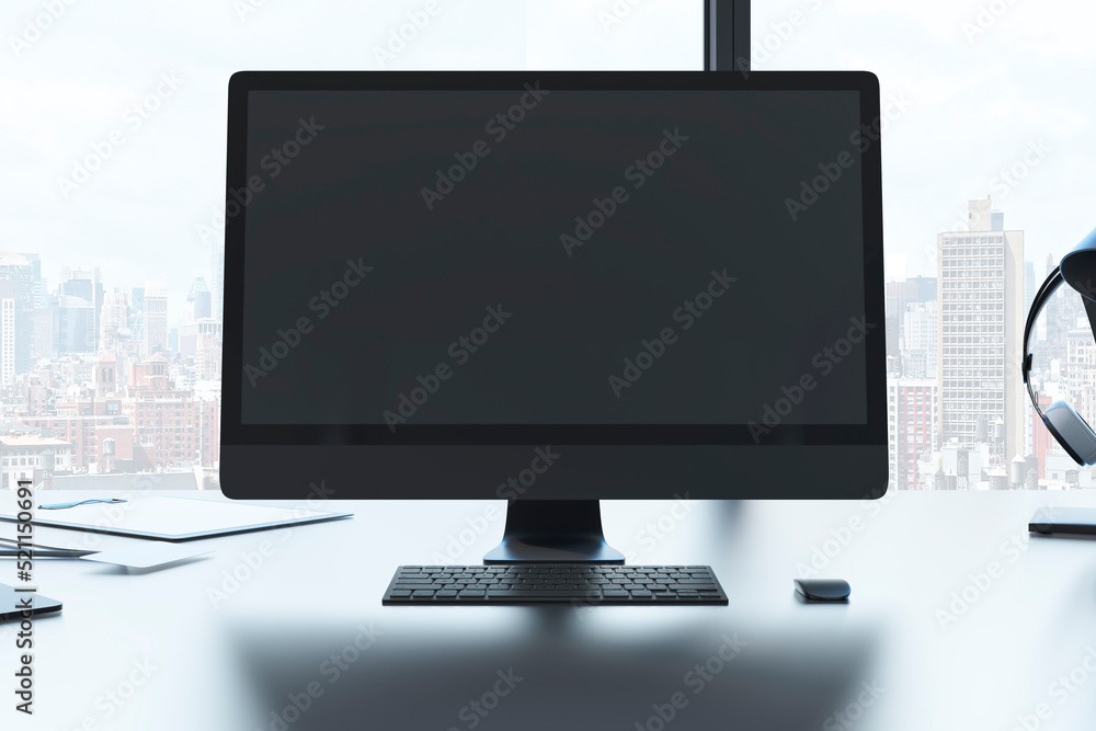 Poster Close up of creative designer table with empty black mock up computer monitor laptop and supplies in modern office with window and panoramic city view. 3D Rendering.
