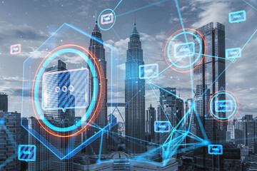 Creative glowing connected communication hologram on blurry city background. Technology and...