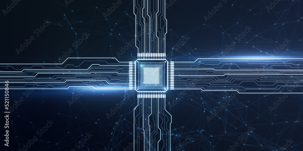 Poster creative glowing wide chip circuit hologram on dark background. cpu and metaverse concept. 3d render