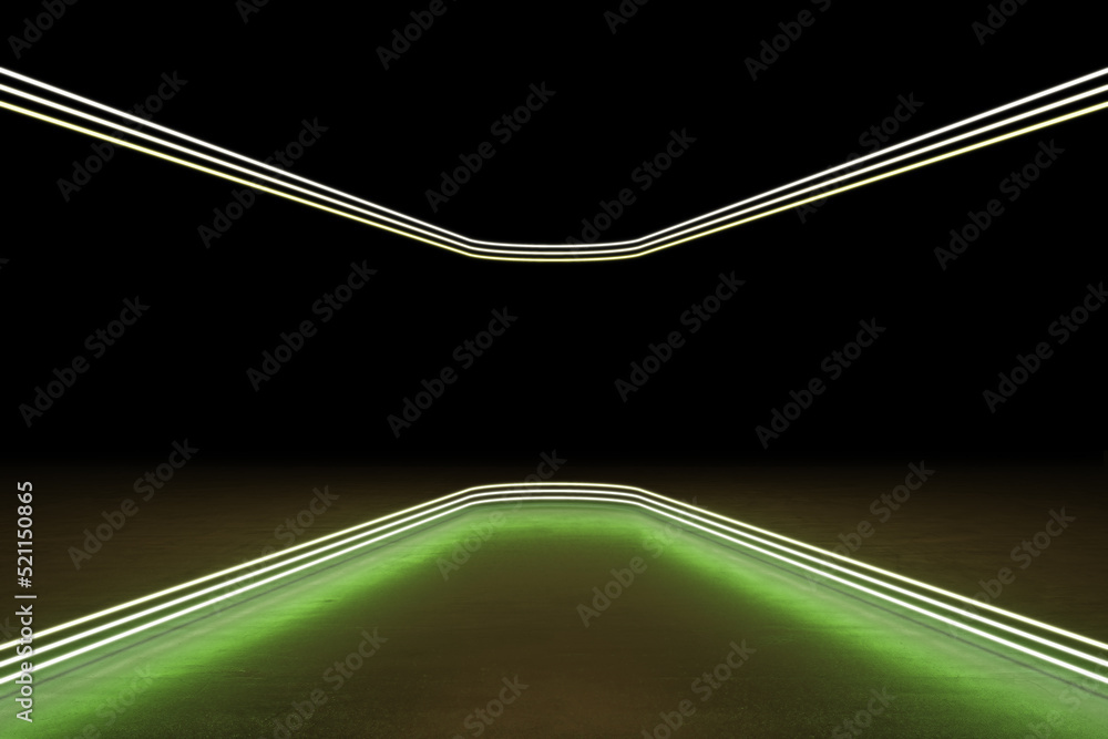 Fototapete abstract green futuristic corridor with empty mock up place on black backdrop. 3d rendering.