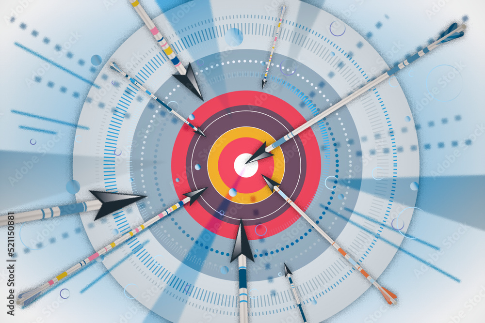 Poster Bulls eye target with arrows on light texture. Targeting and aim concept. 3D Rendering.