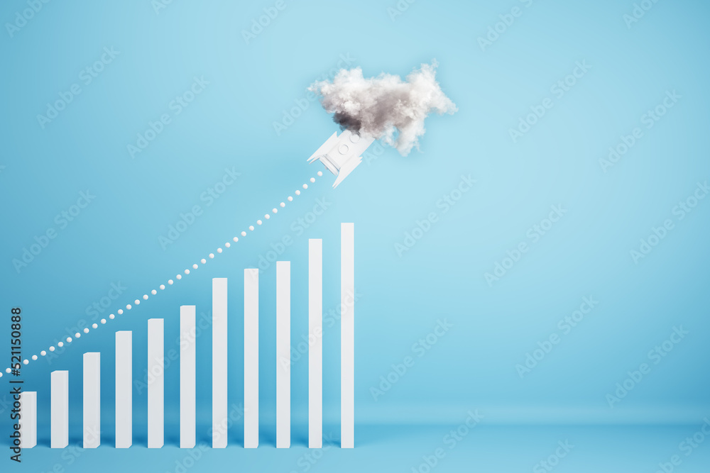 Poster Abstract growing upward chart with rocket in cloud on blue background with mock up place for your advertisement. Financial growth and start up concept. 3D Rendering.