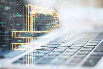 Close up of laptop at workplace with creative glowing Russian ruble hologram on blurry background....