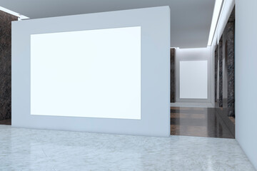 Contemporary illuminated gallery interior with empty white mock up banner and reflections on floor. 3D Rendering.