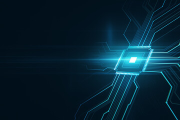 Creative glowing chip circuit hologram on dark wallpaper with mock up place. CPU and metaverse concept. 3D Rendering.