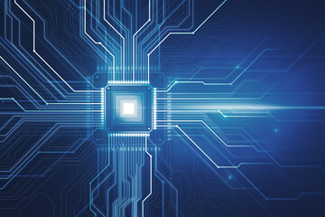 Abstract glowing chip circuit hologram on dark background. CPU and metaverse concept. 3D Rendering.