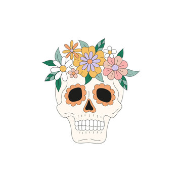 Sugar Hippie Groovy Scull Floral vector illustration isolated on white. Retro 70s 60s Day of the Dead Halloween braincase skeleton dead head print for T-shirt design.