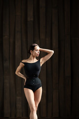 Sensual dancer female slim figure posing in the studio. Body ballet