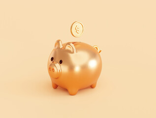 Saving money with Gold piggy bank finance savings investment concept background 3D illustration