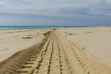 Beach sand with truck footprint