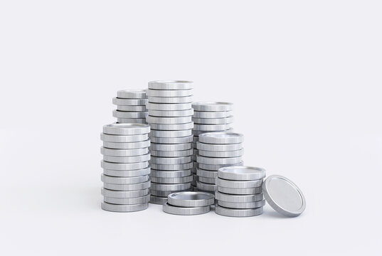 Silver coin stacks money currency finance savings investment concept background 3D illustration