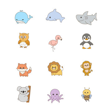 Hand drawn set of different cute animals: dolphin, whale, shark, owl, flamingo, penguin, fox, lion, monkey, koala, octopus, bee. Cartoon doodle sketch style