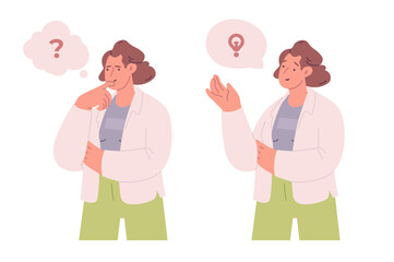 A thoughtful woman. Finding a solution. Vector illustration isolated on a white