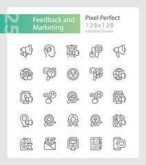 Feedback and marketing pixel perfect linear icons set. Advertising optimization. Customer engagement. Customizable thin line symbols. Isolated vector outline illustrations. Editable stroke