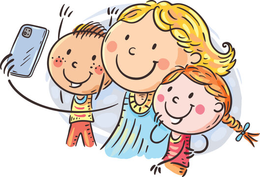 Cartoon family clipart. Selfie of happy mom with two children: boy and girl.